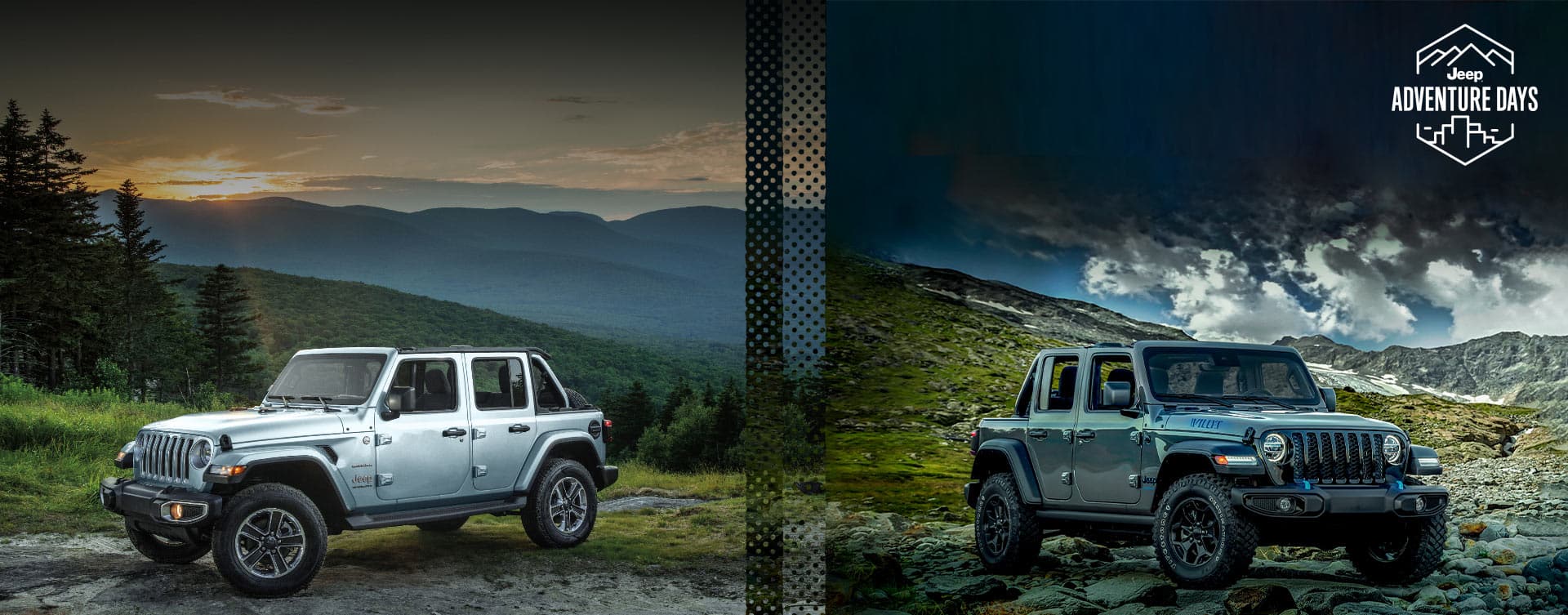 A split screen with two Jeep Wrangler models parked off-road in the mountains: on the left, a silver 2023 Jeep Wrangler Sahara; on the right, a blue 2023 Jeep Wrangler Willys 4xe. Jeep Adventure Days logo.