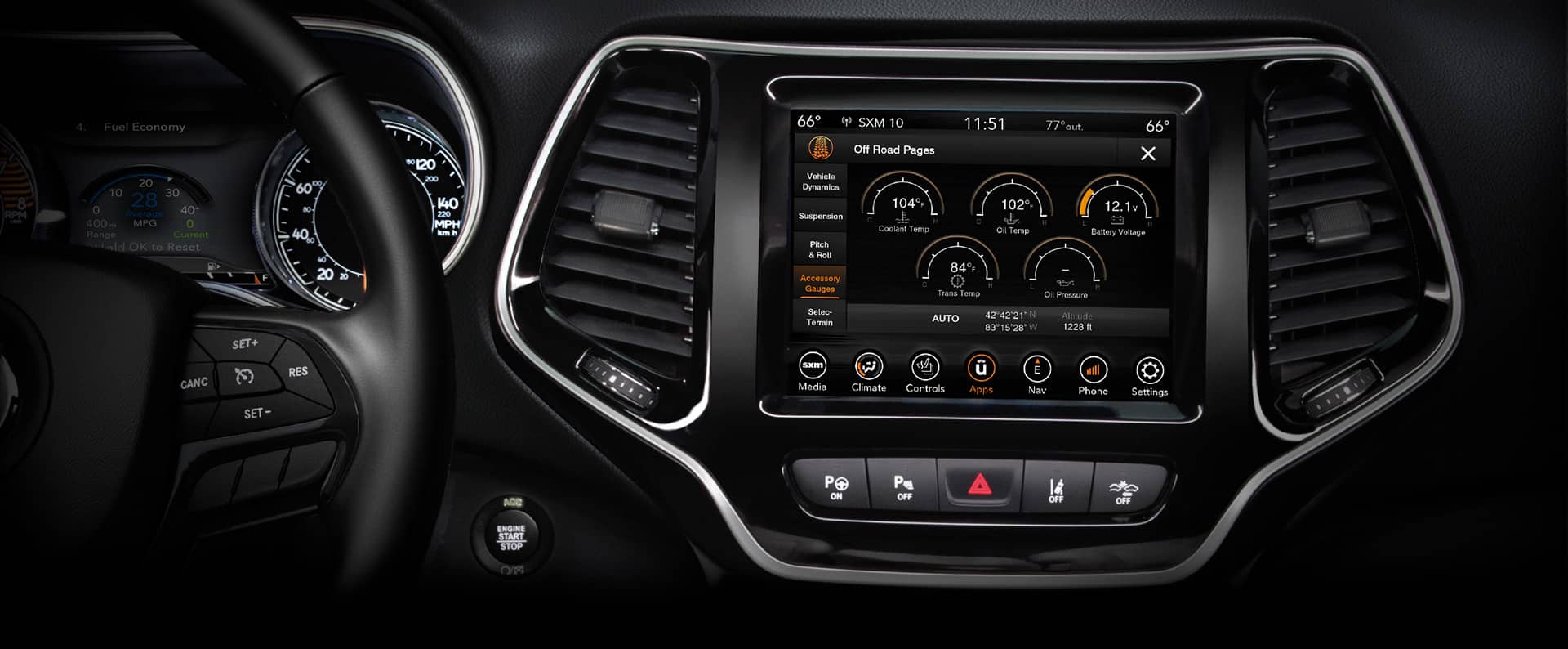 A close-up of the Uconnect Touchscreen in the 2023 Jeep Cherokee, displaying the Off-Road Pages stats.