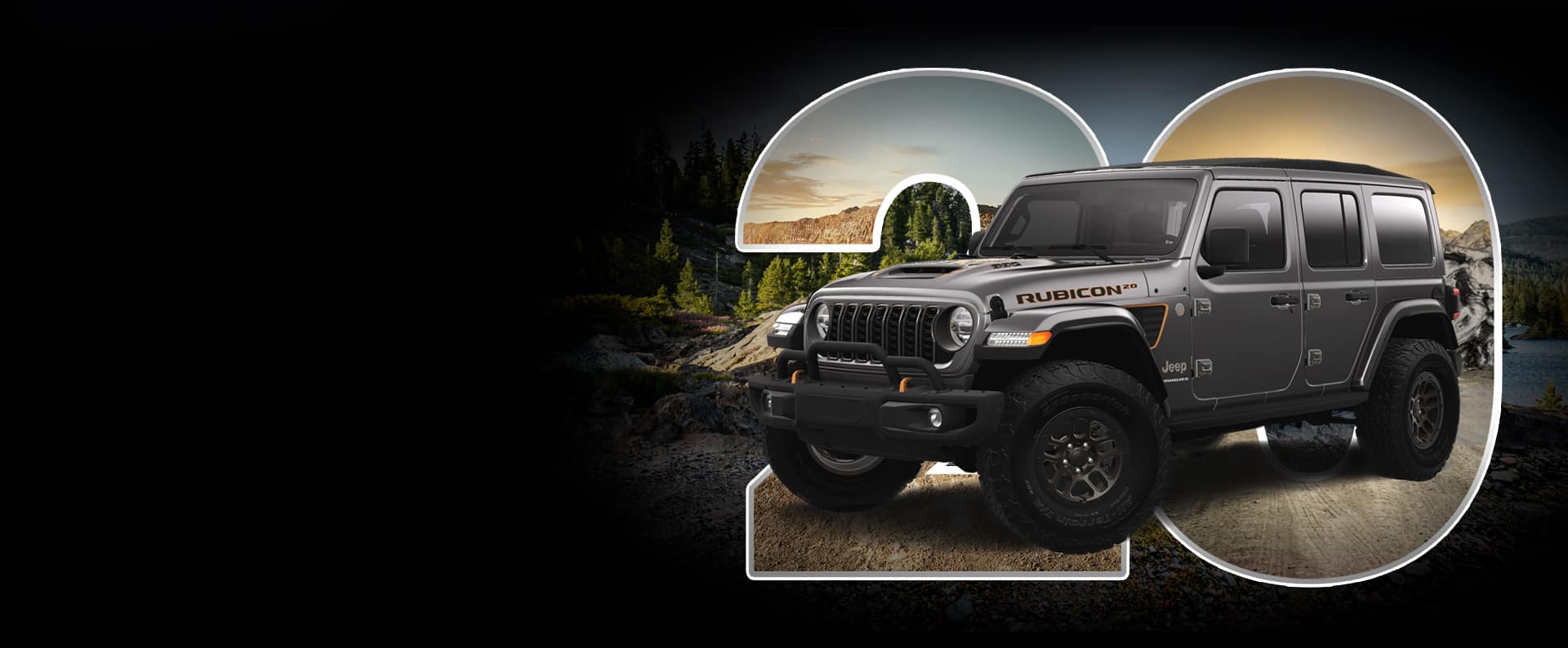 A gray 2023 Jeep Wrangler Rubicon 392 20th Anniversary Edition parked with mountains in the background. A large semi-transparent numeral 20 is positioned directly behind the vehicle.