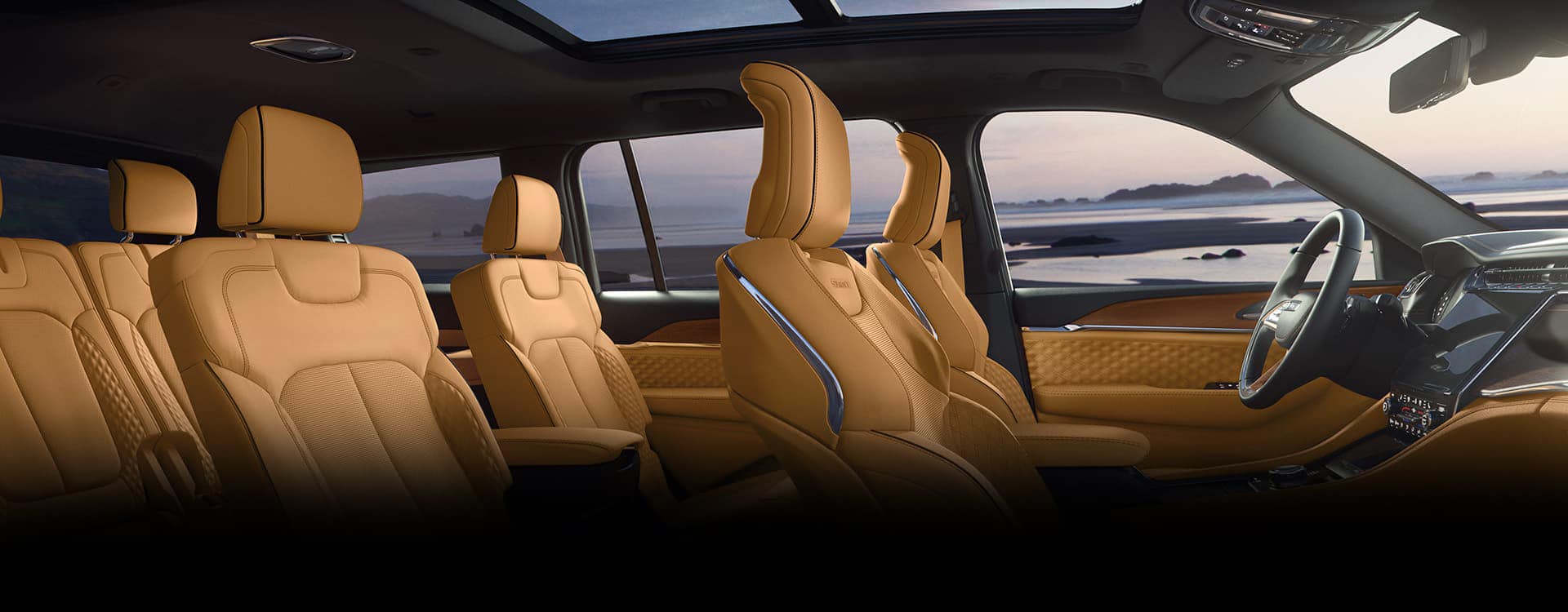 The three rows of seats in the 2024 Jeep Grand Cherokee L Summit Reserve.